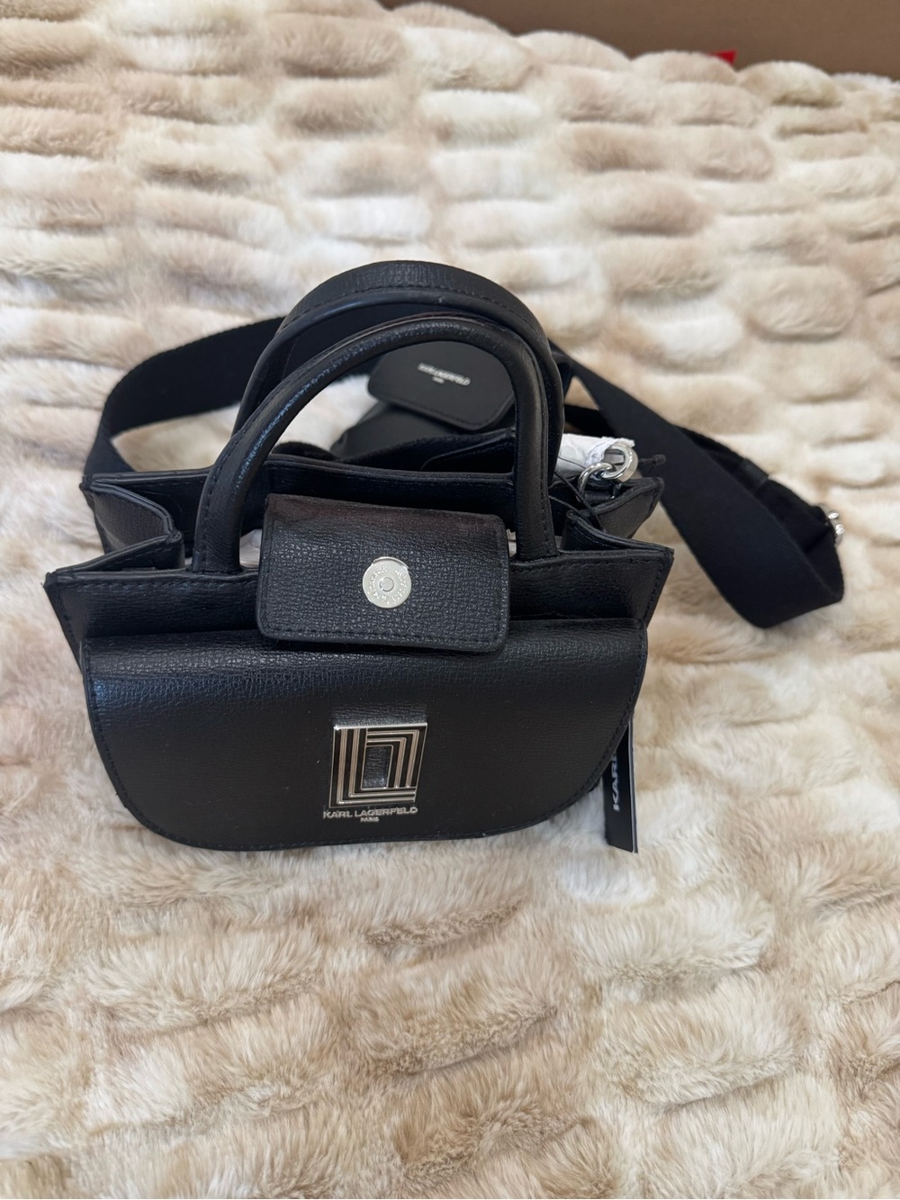 Karl Lagerfeld Black Mini Crossbody Satchel with Silver Hardware